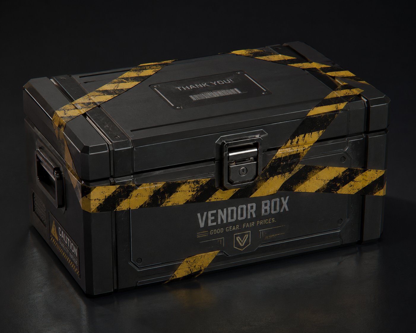 A sleek vendor box wrapped in hazard tape