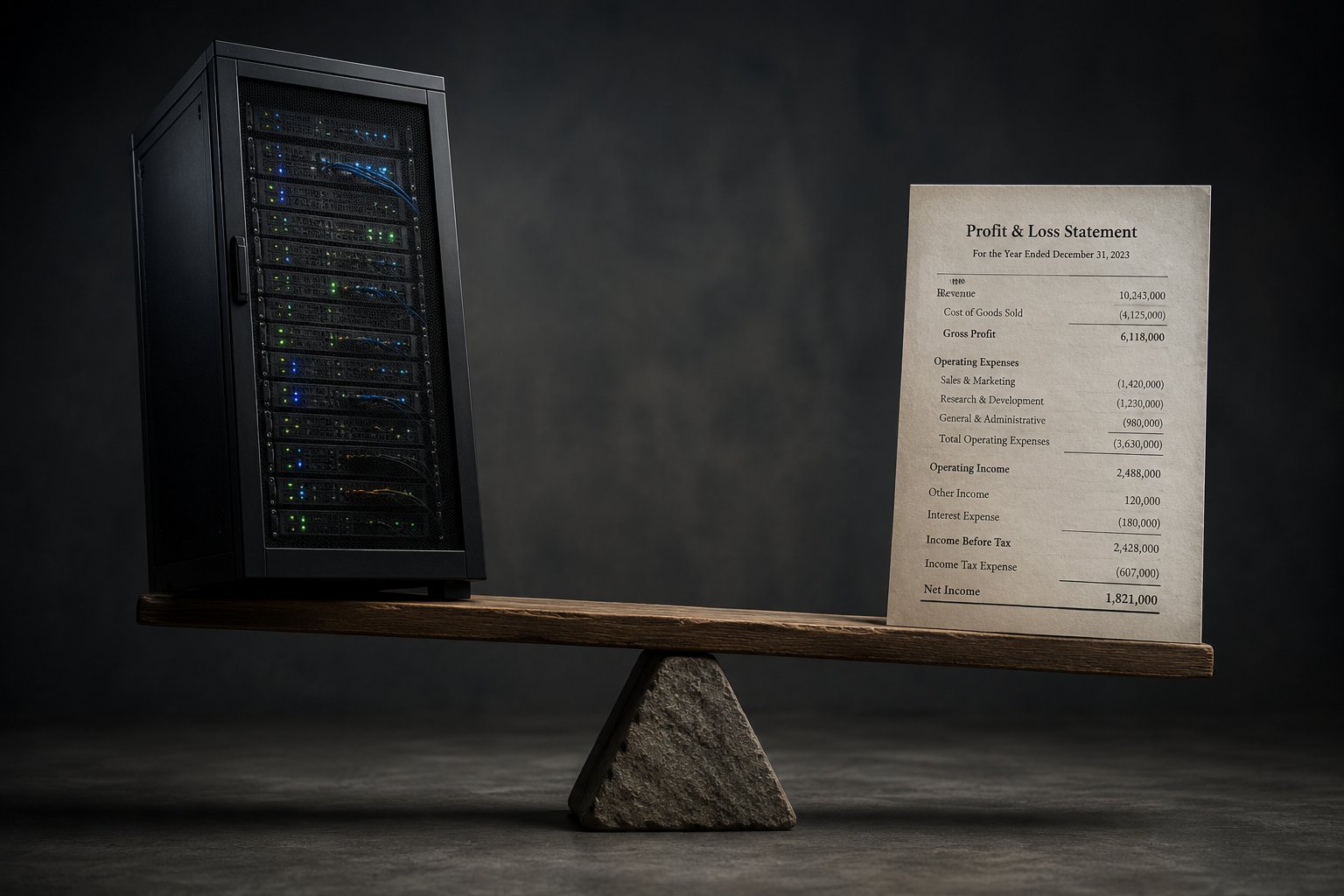 A fulcrum balancing a server rack against a traditional P&L statement