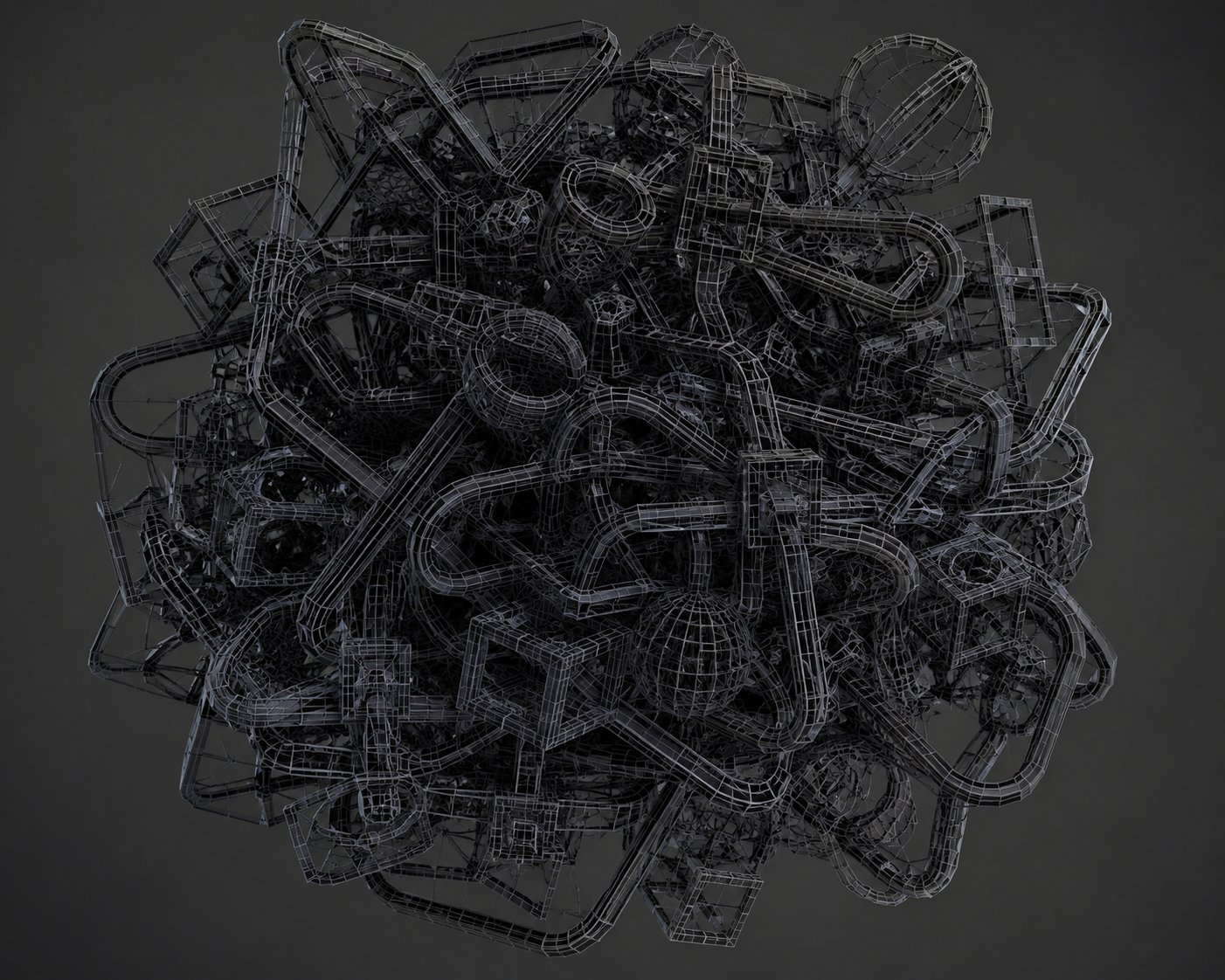 A tangled, over-engineered knot of dark wireframes