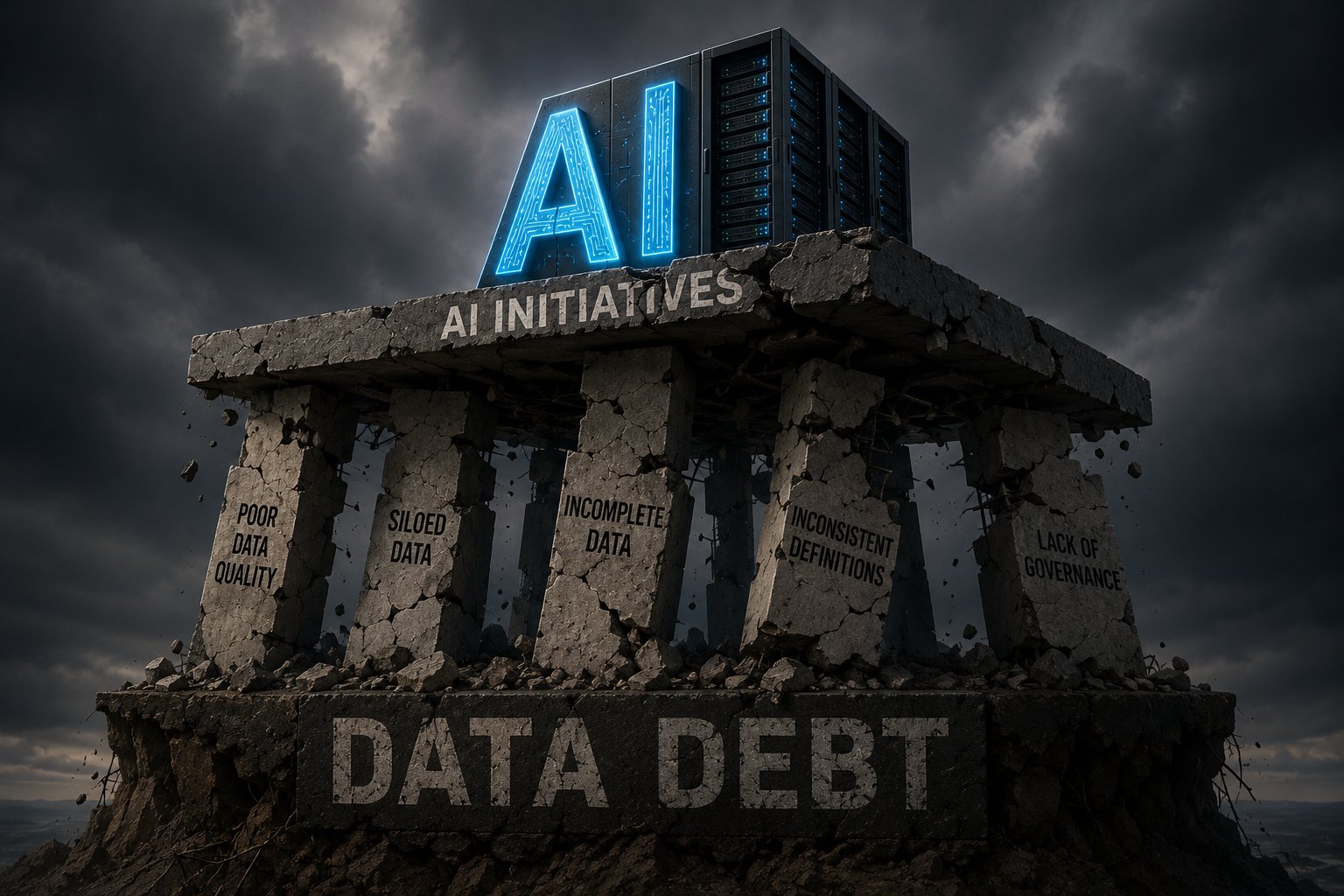 Corrupted digital data blocks sitting beneath a pristine AI node