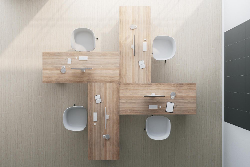 A minimalist boardroom table viewed from a top-down, architectural perspective