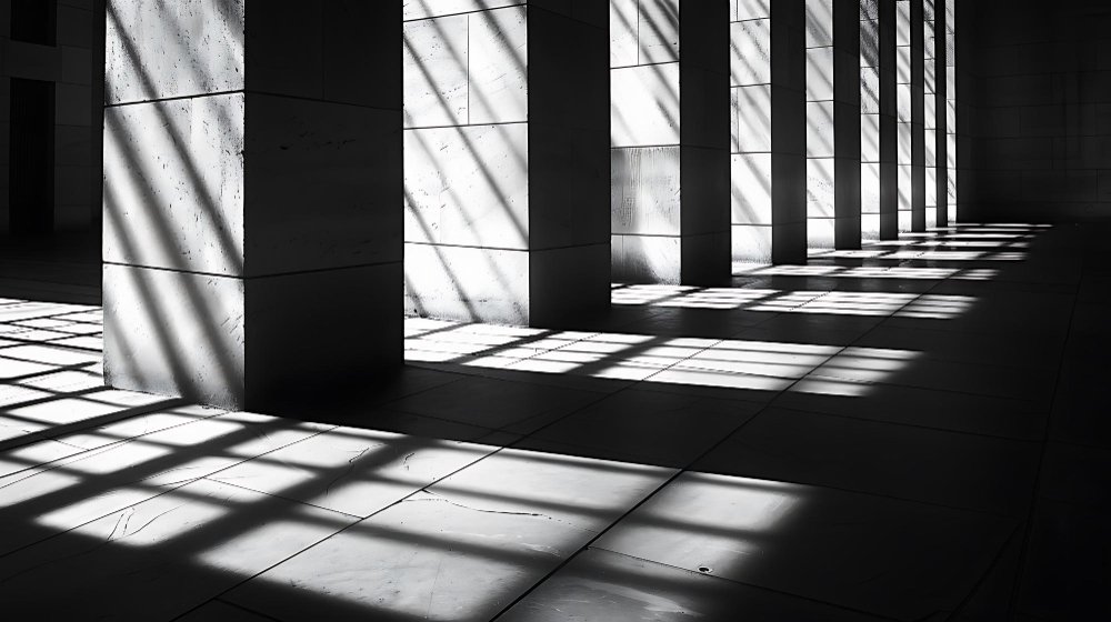 A high-contrast portrait-style architectural shadow